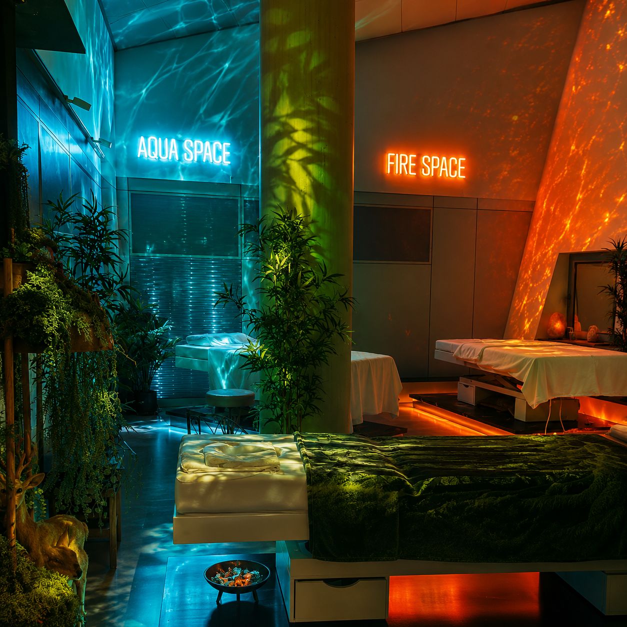 Aqua Space und Fire Space mit Neon-Schriftzügen, SYNYSSPACE Klagenfurt