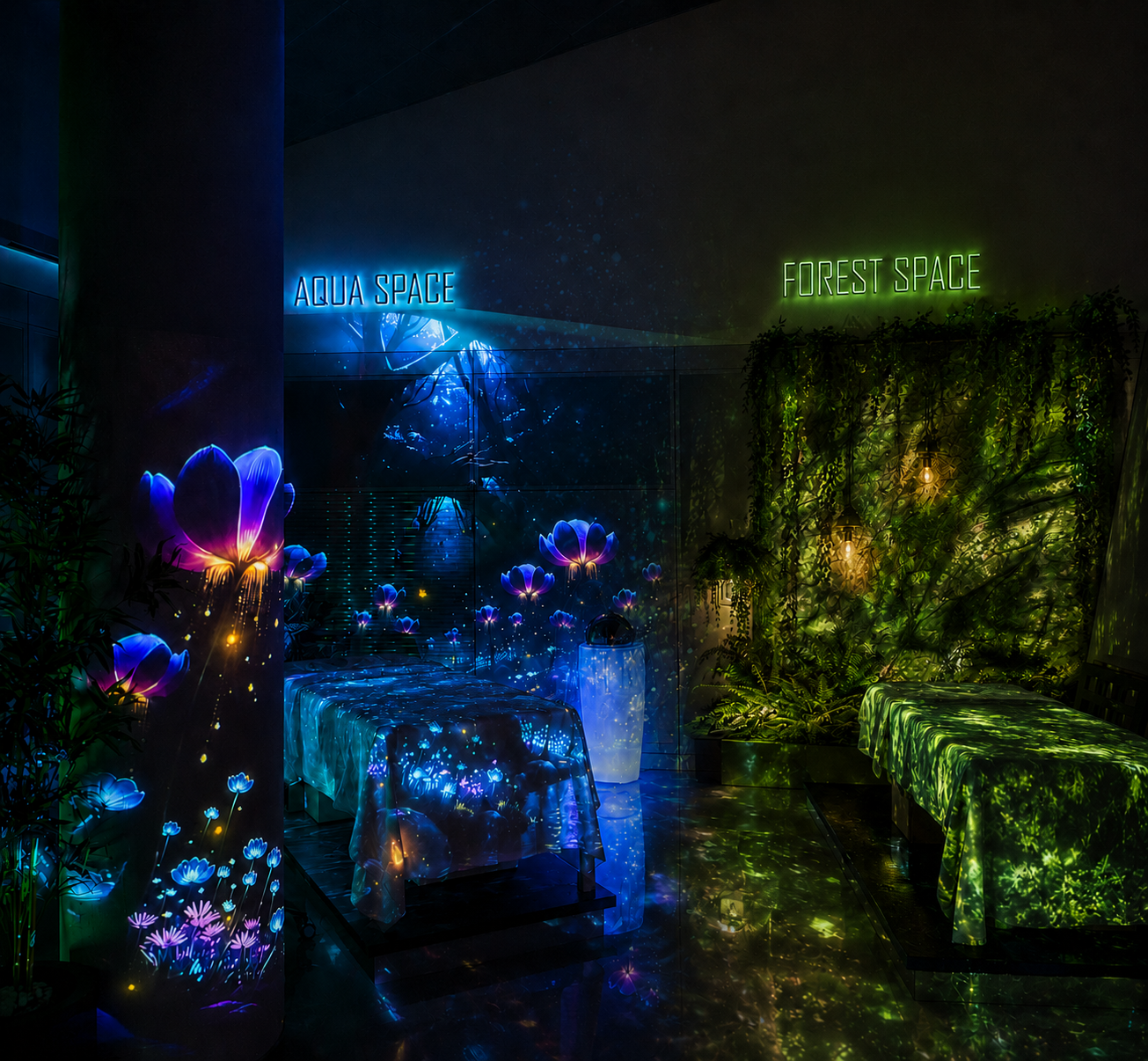 Aqua Space und Forest Space mit Neon-Schriftzügen, SYNYSSPACE Klagenfurt